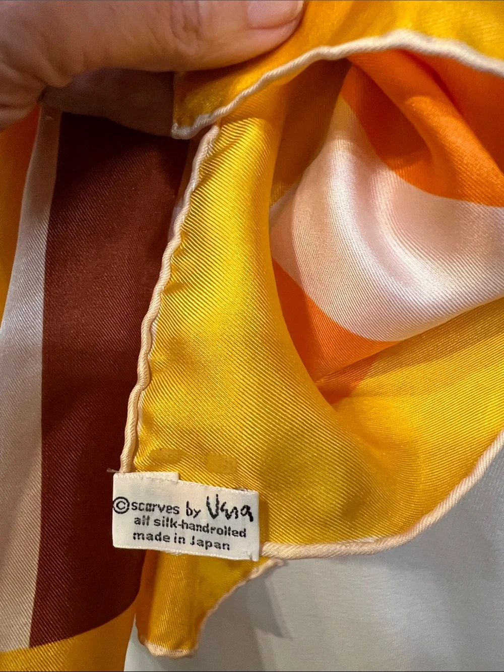 Vintage Vera Neumann silk Oblong Scarf hand rolled mustard orange pink & brown